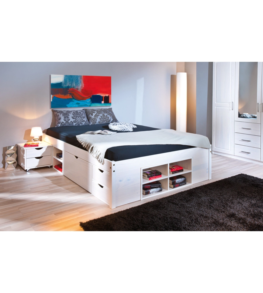 Letto matrimoniale con contenitori e comodini estraibili con ruote "Till" bianco 180x200 cm